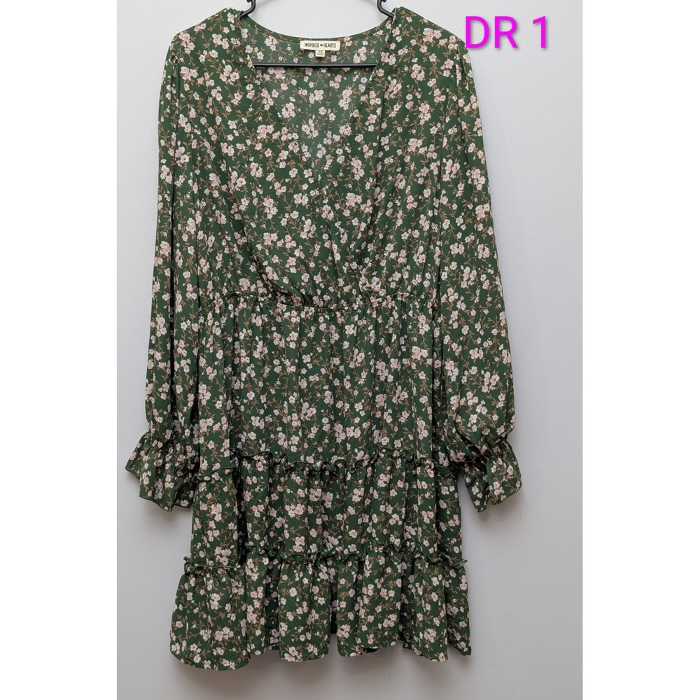 DR1 Inspired Hearts Green Floral Long Sleeve Ruffled Dress